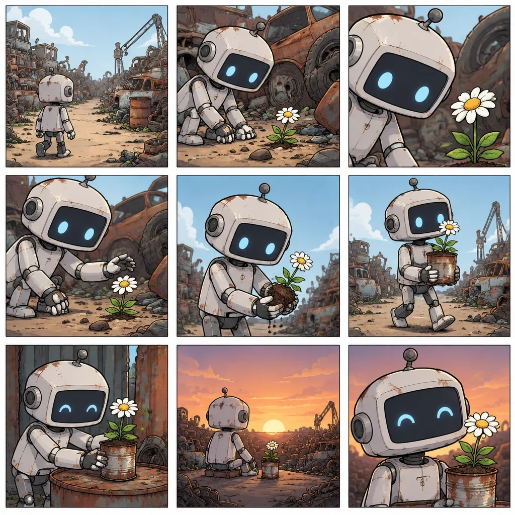 A nine panel storyboard of a robot