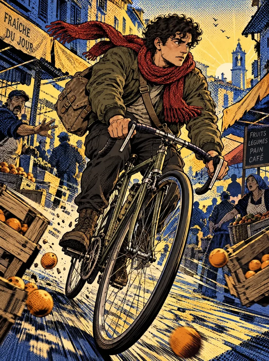 A comic panel of a cyclist riding through a dawn market