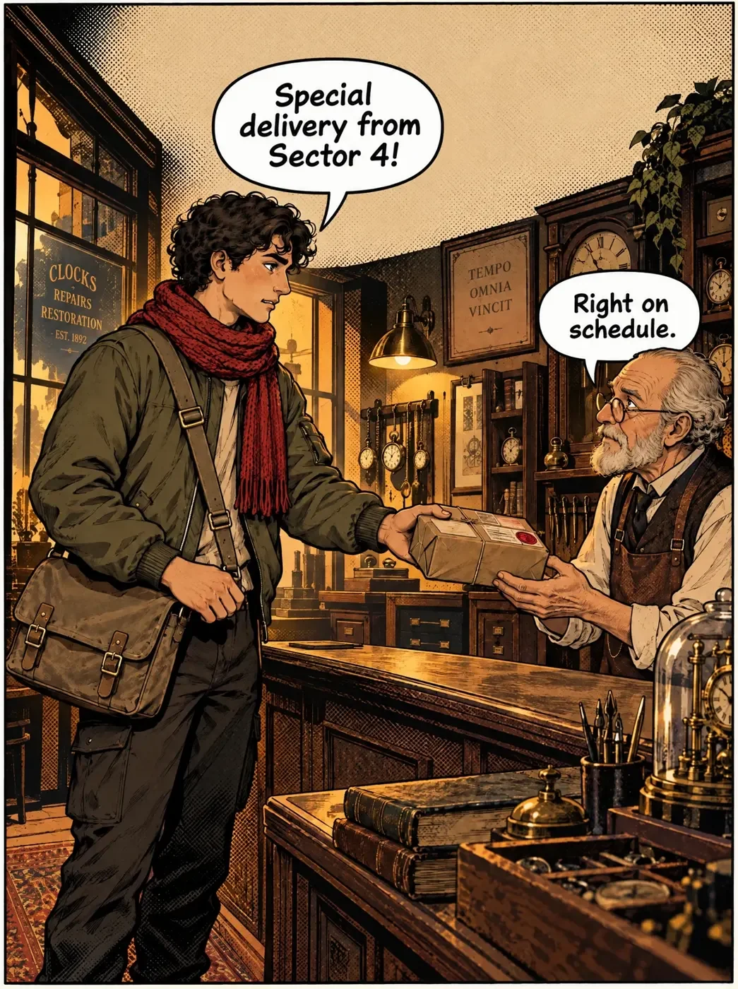 A lettered dialogue panel in a shop