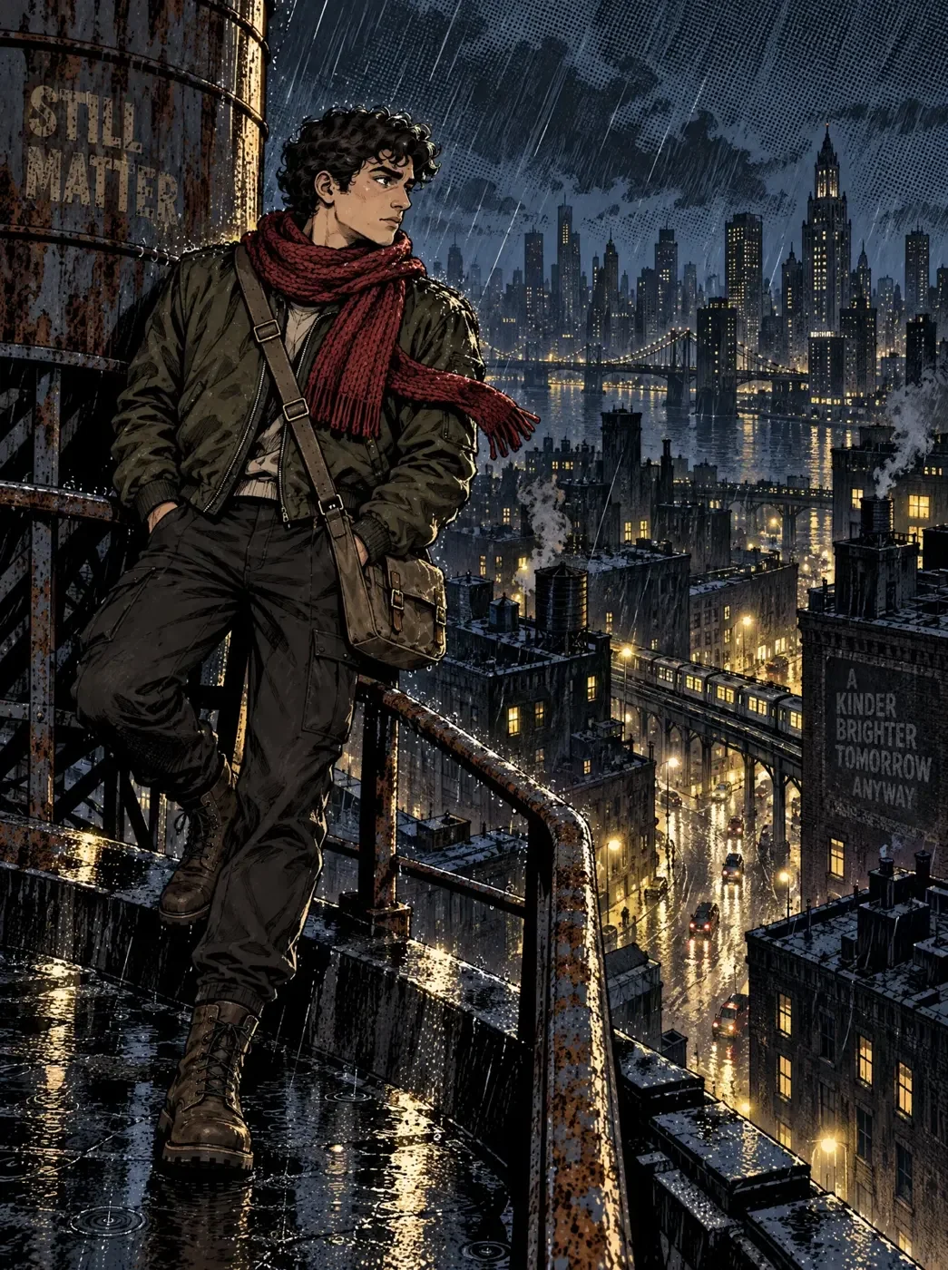 A comic panel of a courier on a rainy rooftop