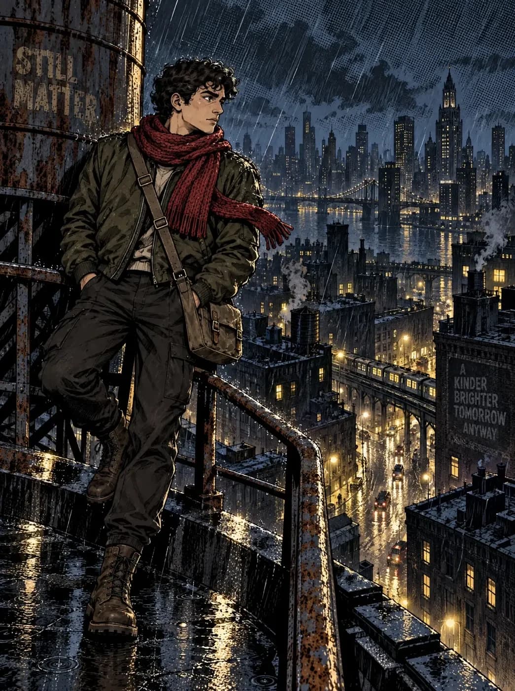 A comic panel of a courier perched on a rainy rooftop