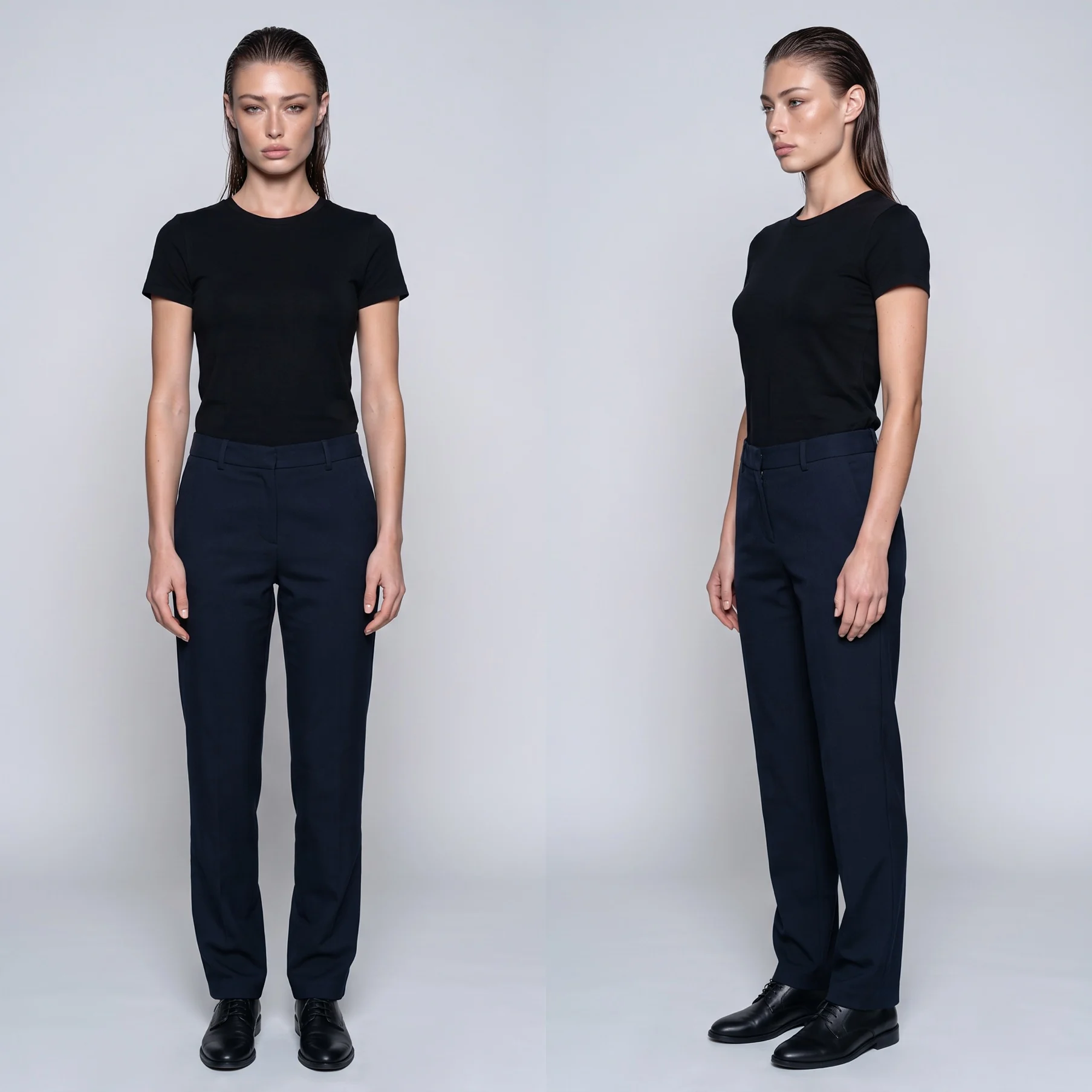 A full body character sheet of a model in two views