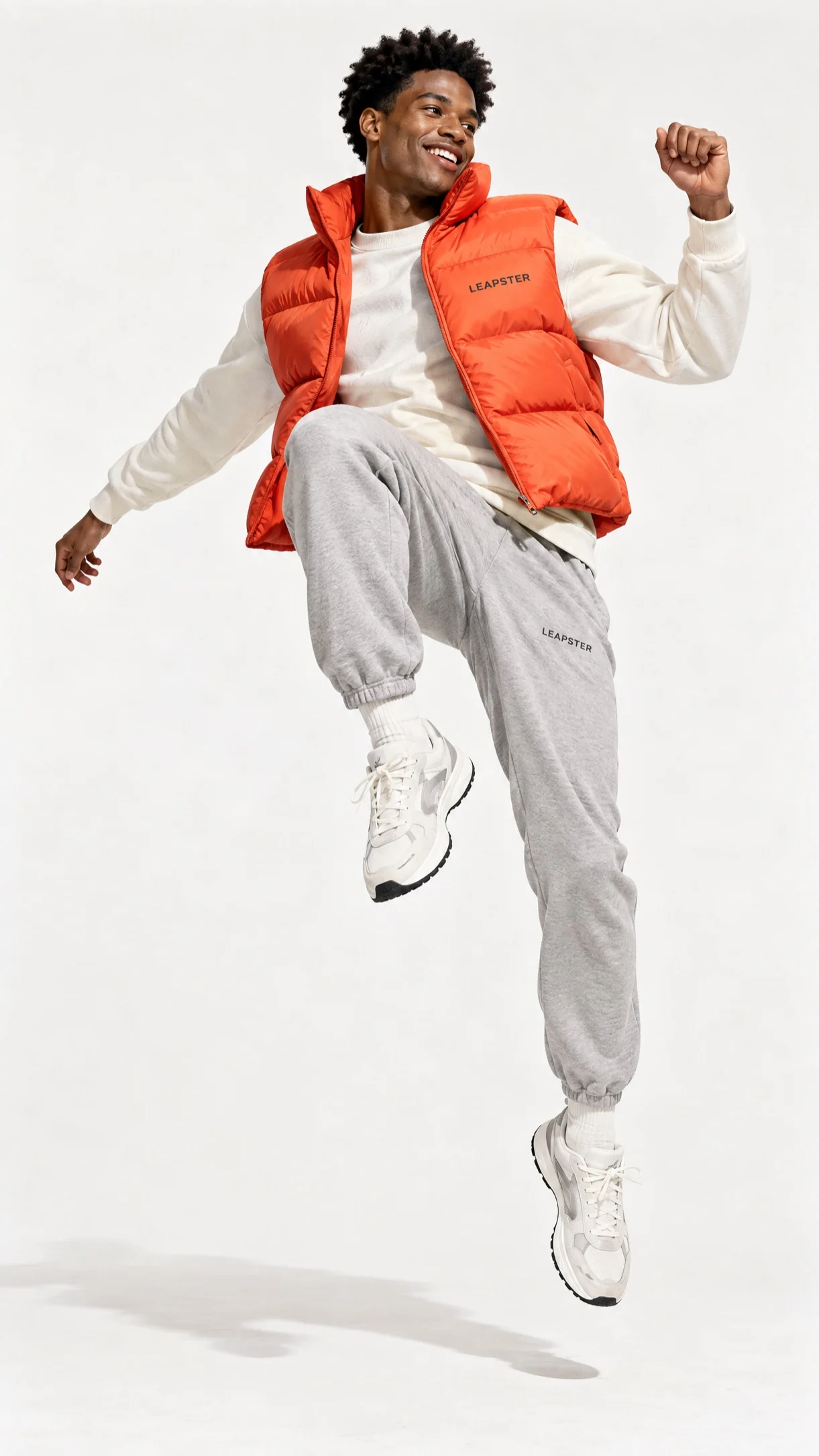 A model mid jump in an orange puffer