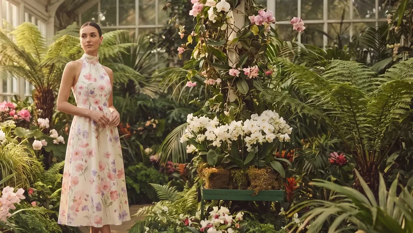 A model in a floral dress photographed in a greenhouse
