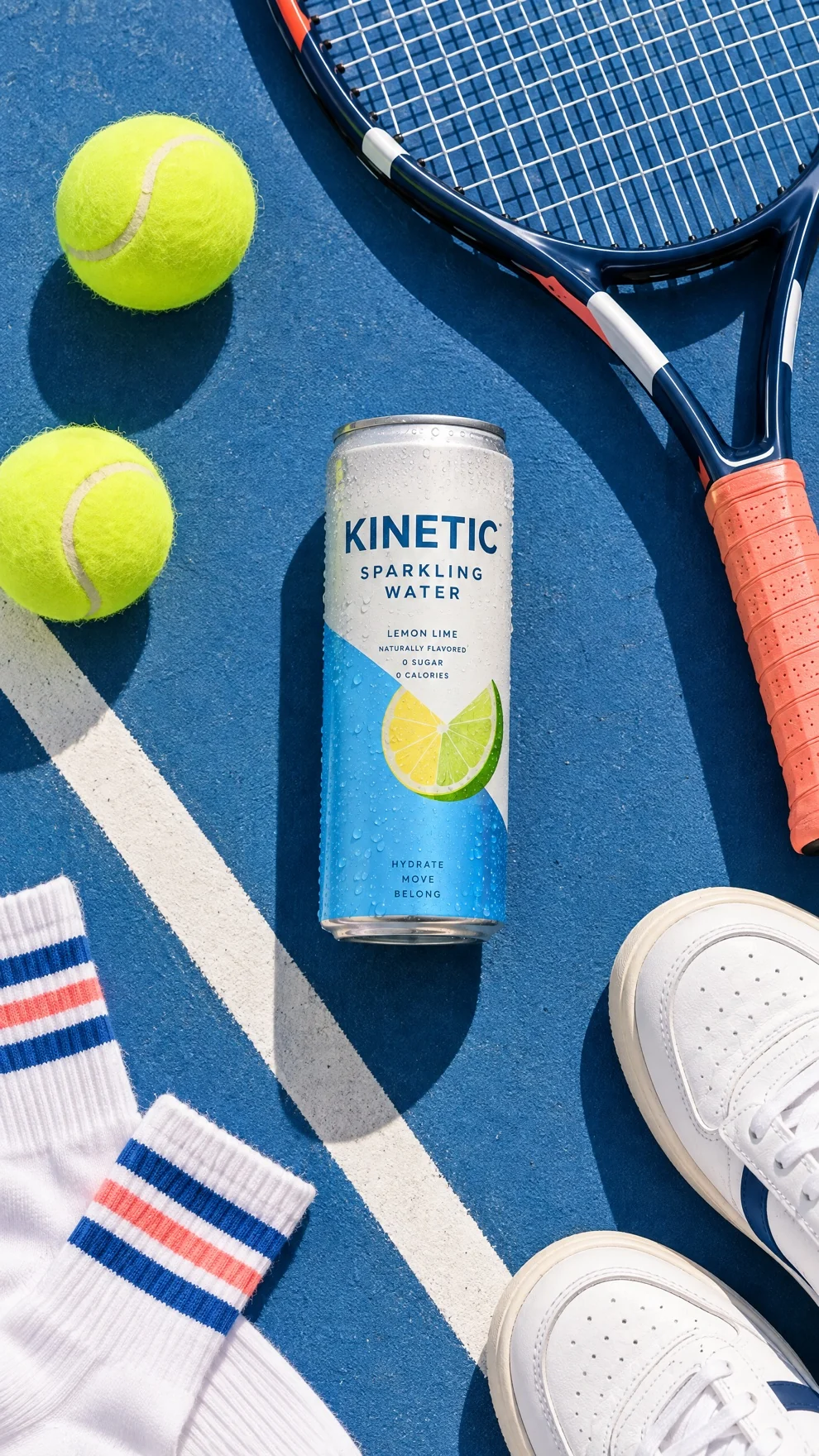 A sparkling water can in a flatlay of tennis court essentials