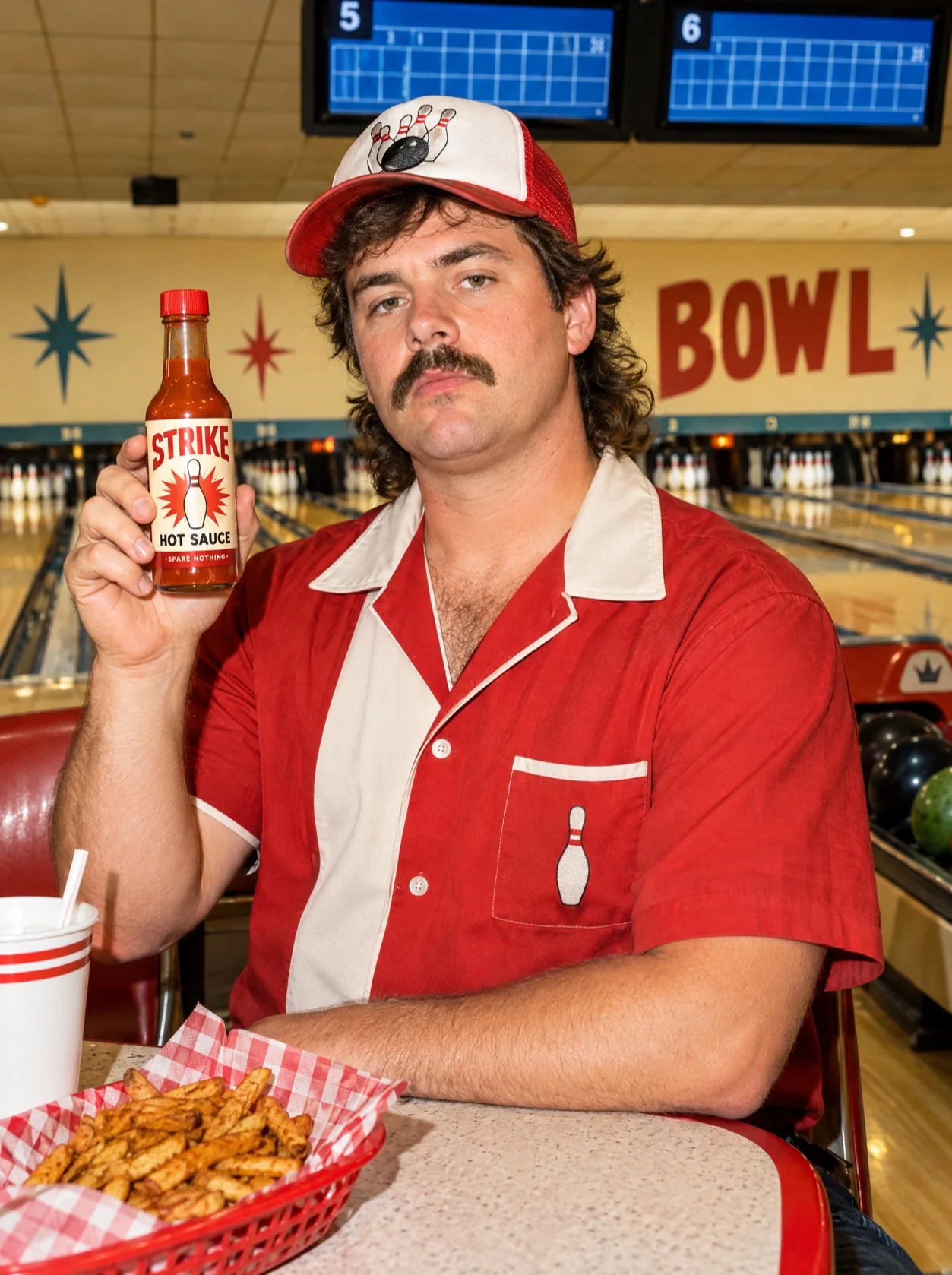 A hot sauce bottle held up in a bowling alley