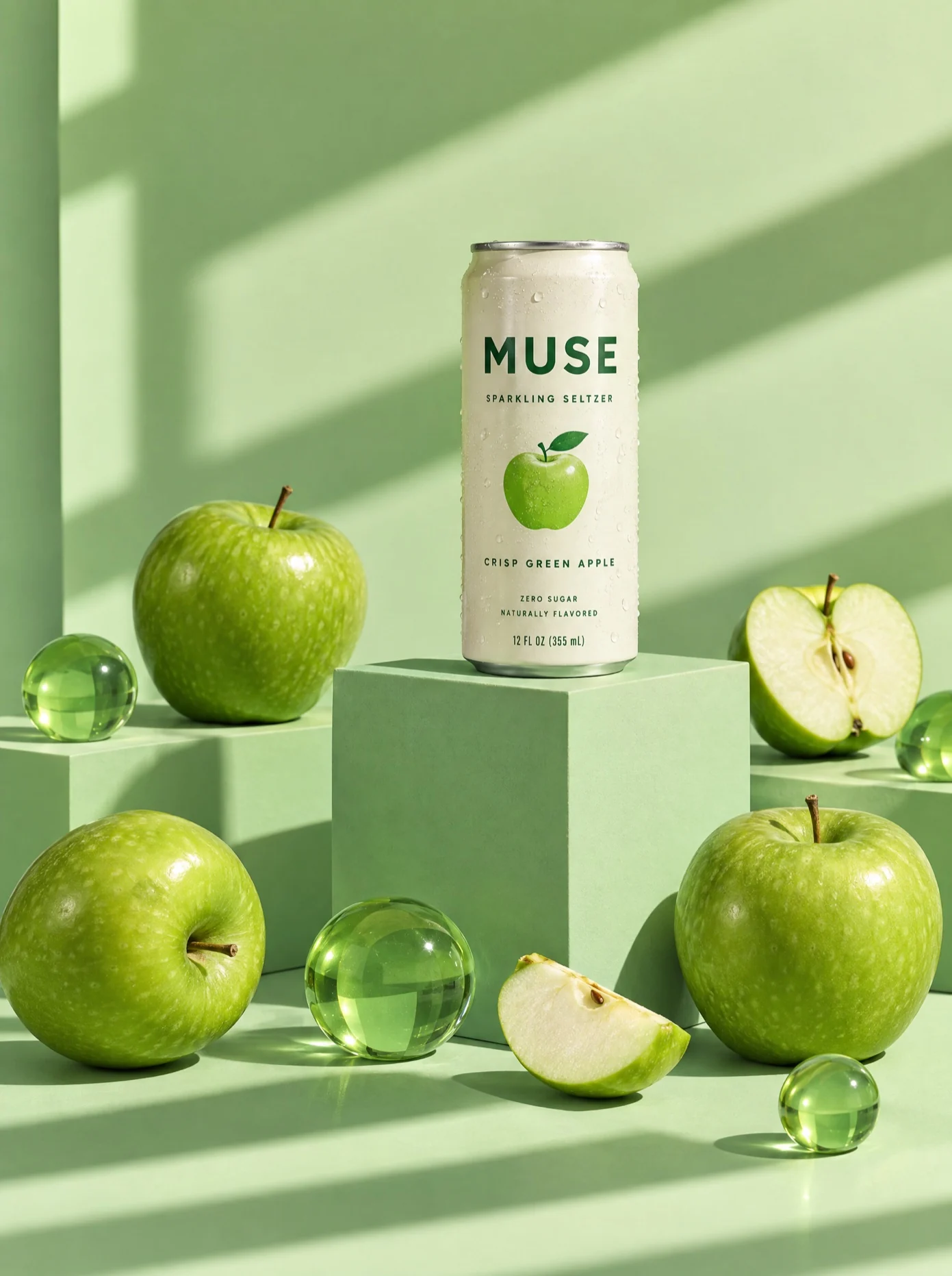 A Muse green apple seltzer on a matched green set