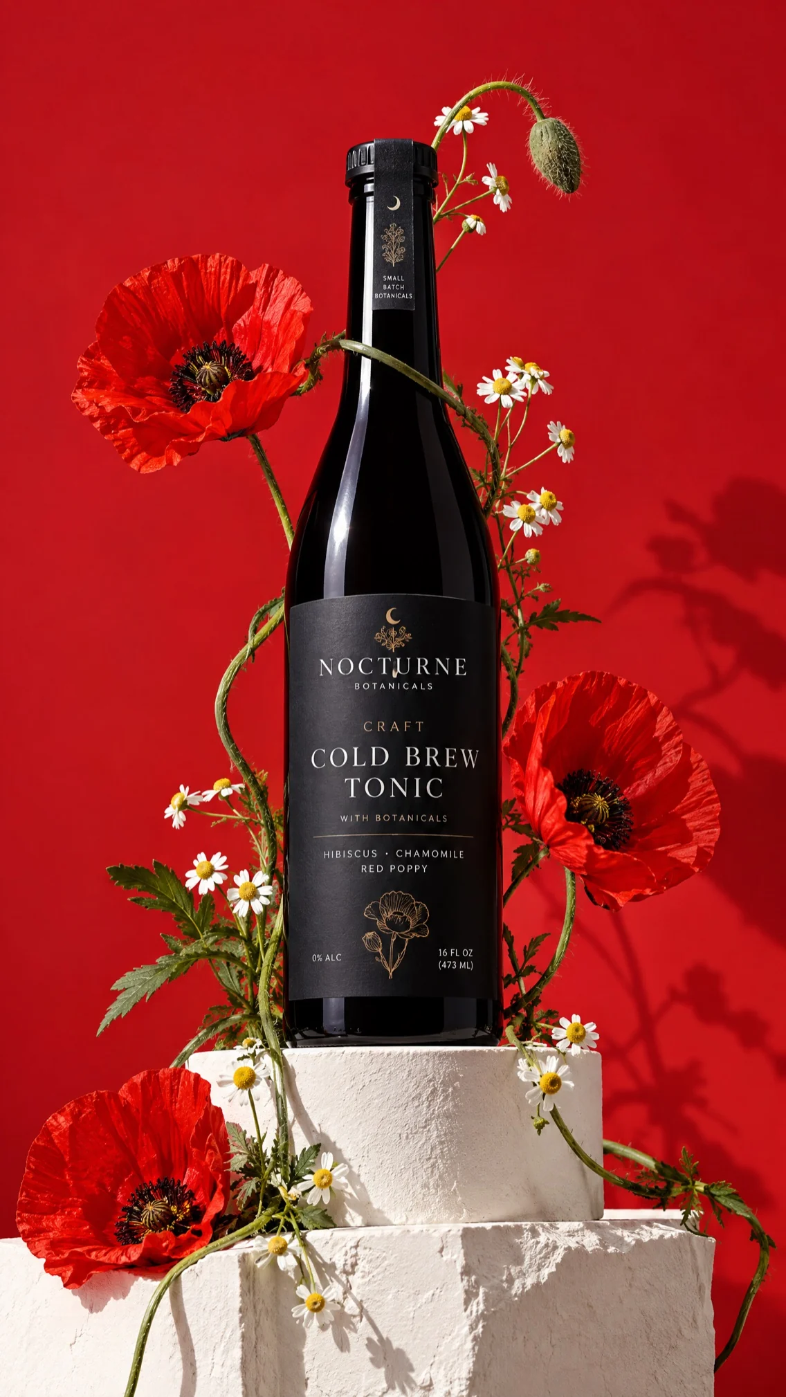 Nocturne cold brew tonic framed by poppies