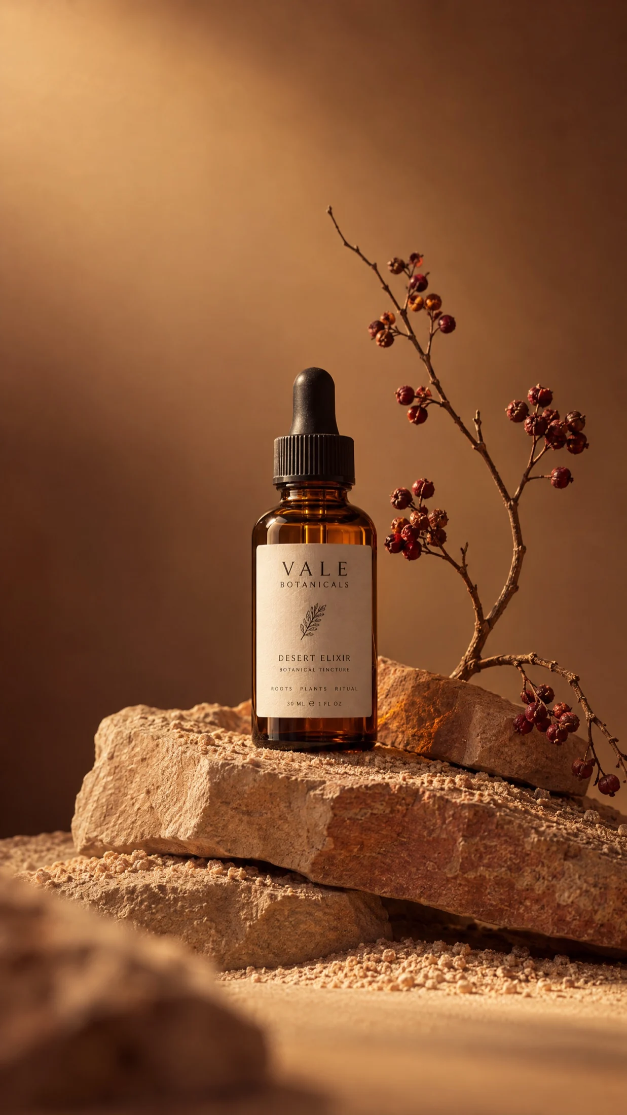 A tincture bottle on a sandstone stack