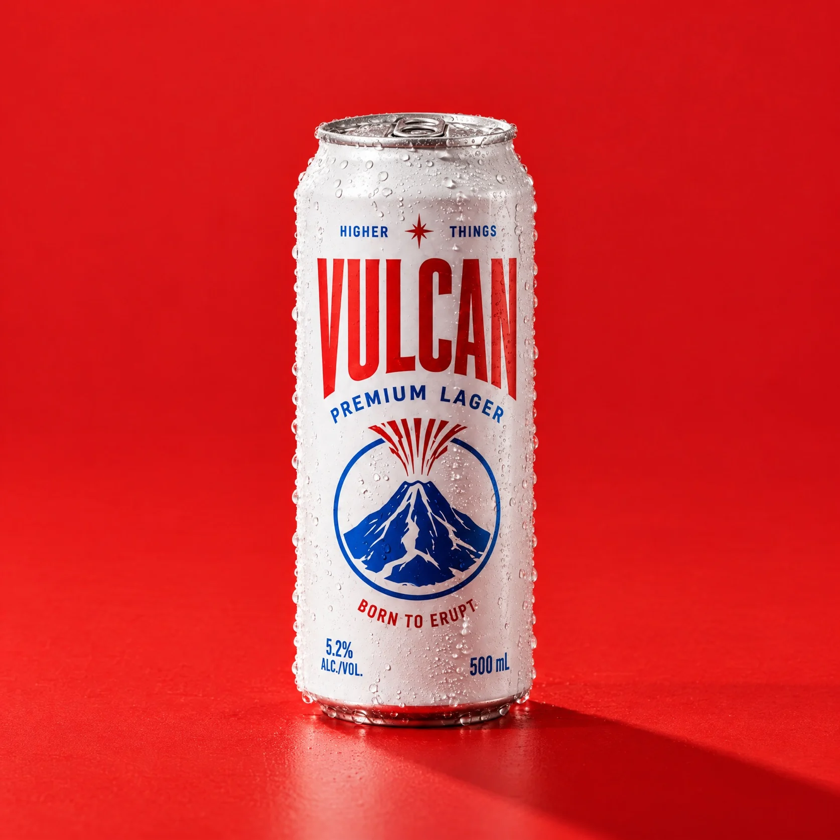 A closed Vulcan lager can on red