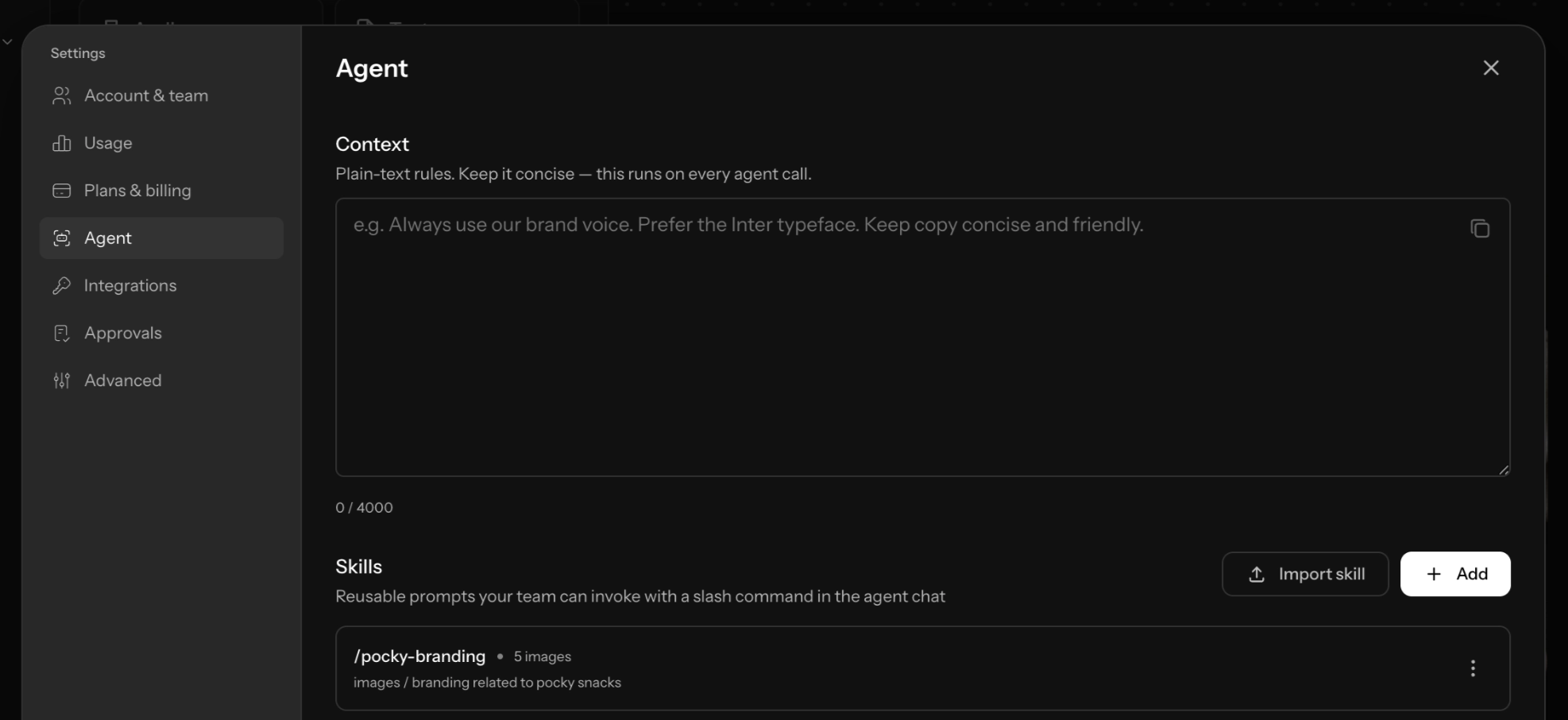 Agent skills and context in the Melius app settings