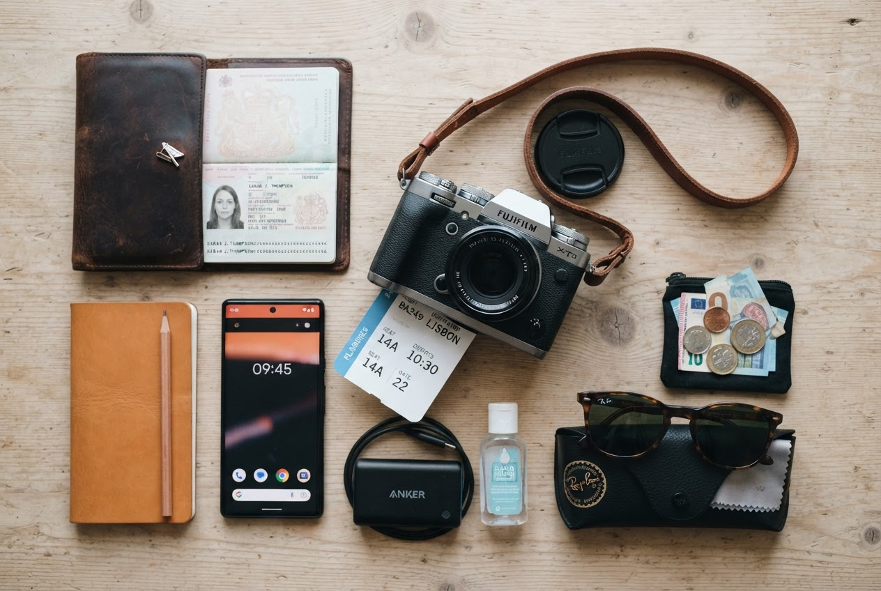 Travel flat-lay generated by Nano Banana 2 Lite: passport, camera, phone, boarding pass and sunglasses on a wooden table