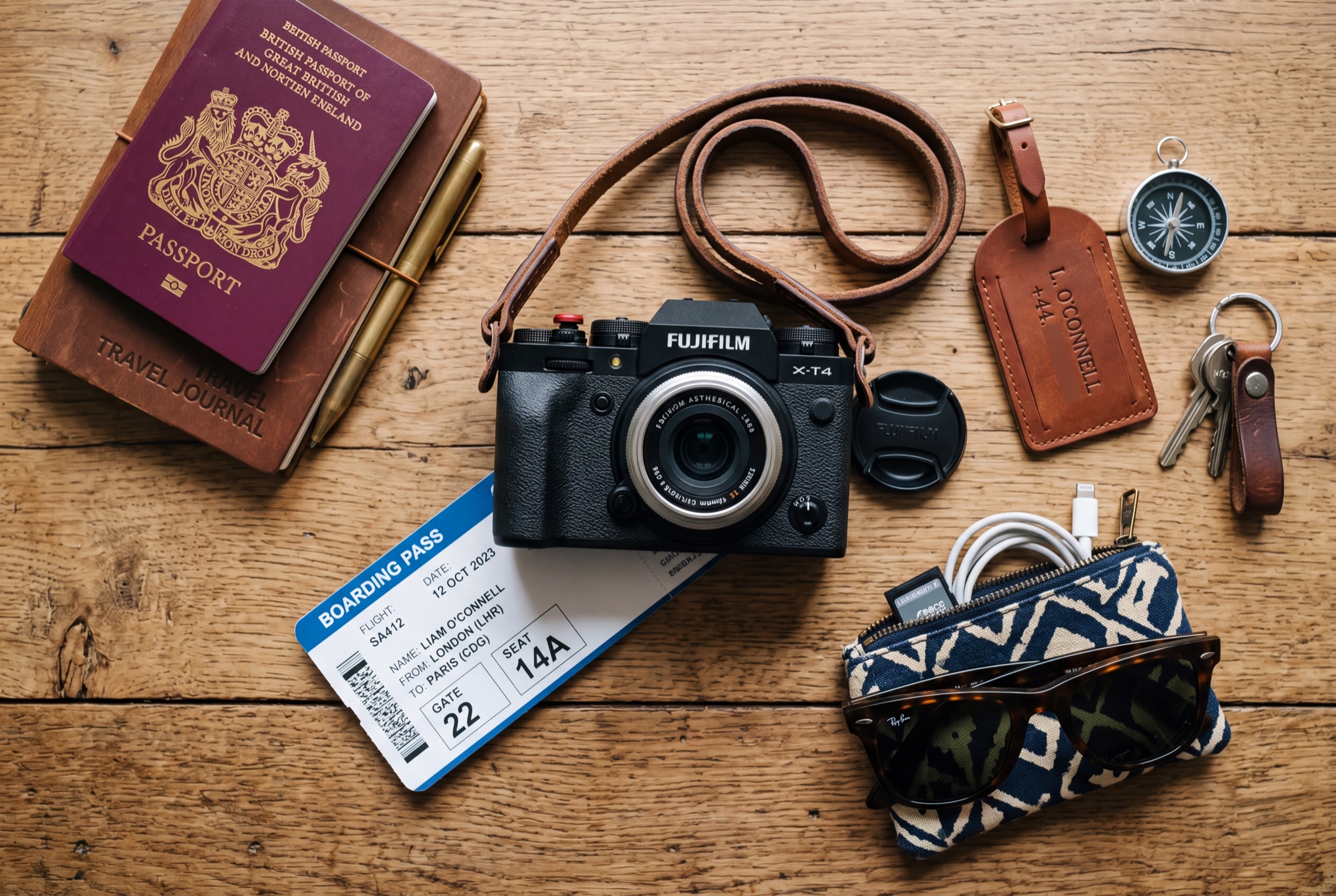Travel flat-lay generated by Nano Banana 2: passport, Fujifilm camera, boarding pass, compass and luggage tag on a wooden table